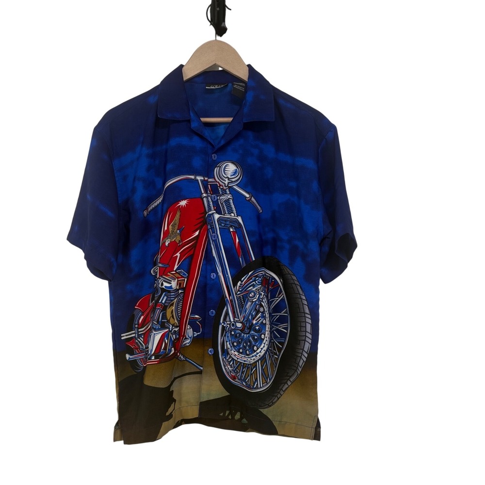 Y2K JET STRTWR Mens Blue Tie Dye Motorcycle Chopper Graphic Button Up Shirt XL